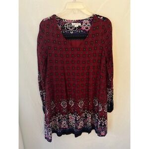 Loveriche Womens Burgundy Boho Paisley Geometric VNeck Long Sleeve Shift Dress M